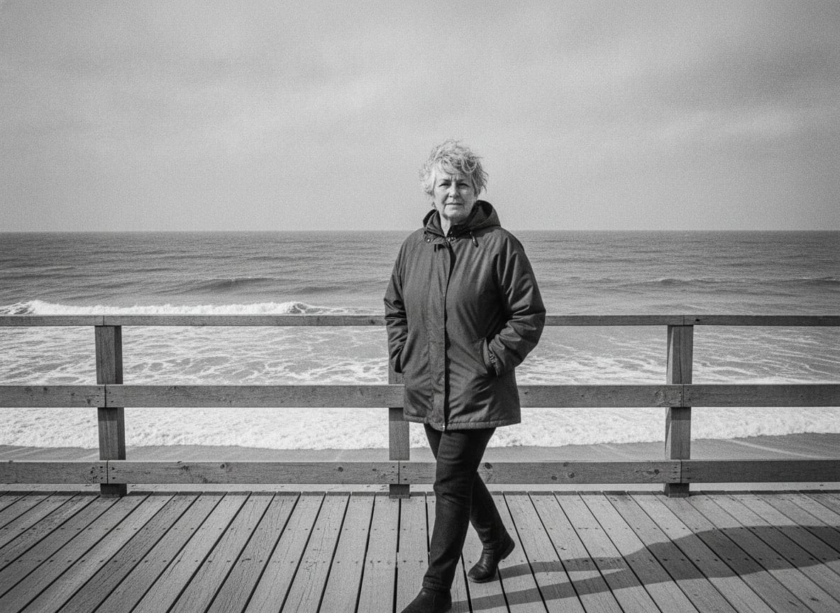 A woman in her sixties with short grey hair and a windbreaker walking along a wooden beach boardwalk on an overcast morn