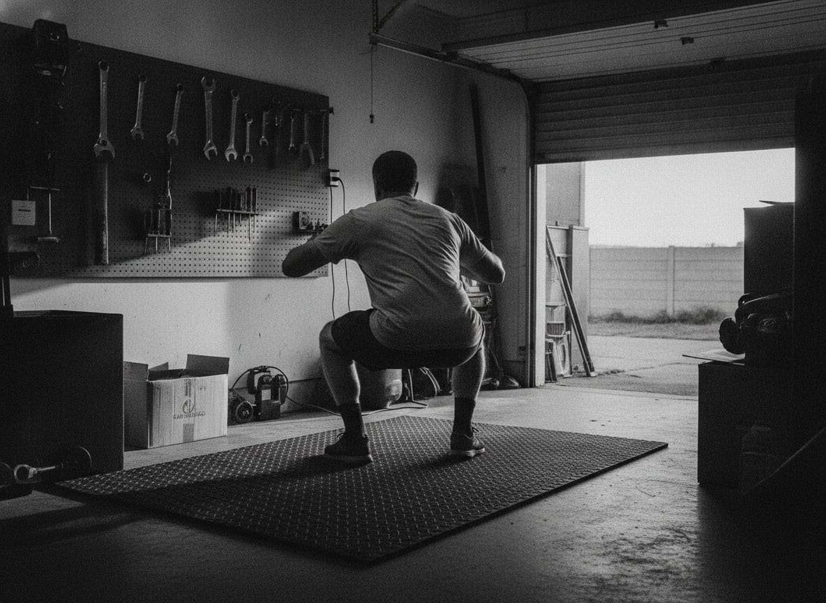 A man in his late forties seen from behind in a plain grey t-shirt, mid-way down into a deep squat on a rubber mat in a 