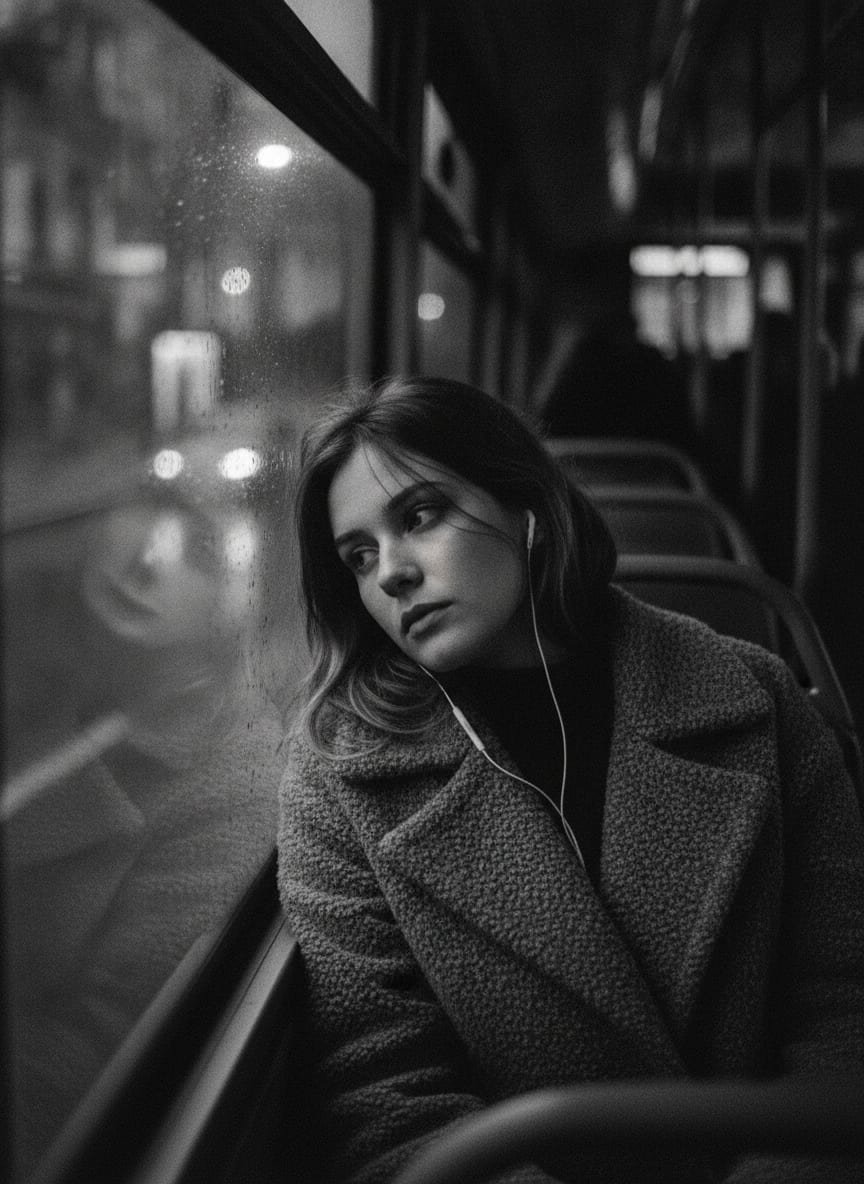 A woman in her twenties with messy hair and a wool coat sitting by the window on an evening city bus, earbuds in, warm l